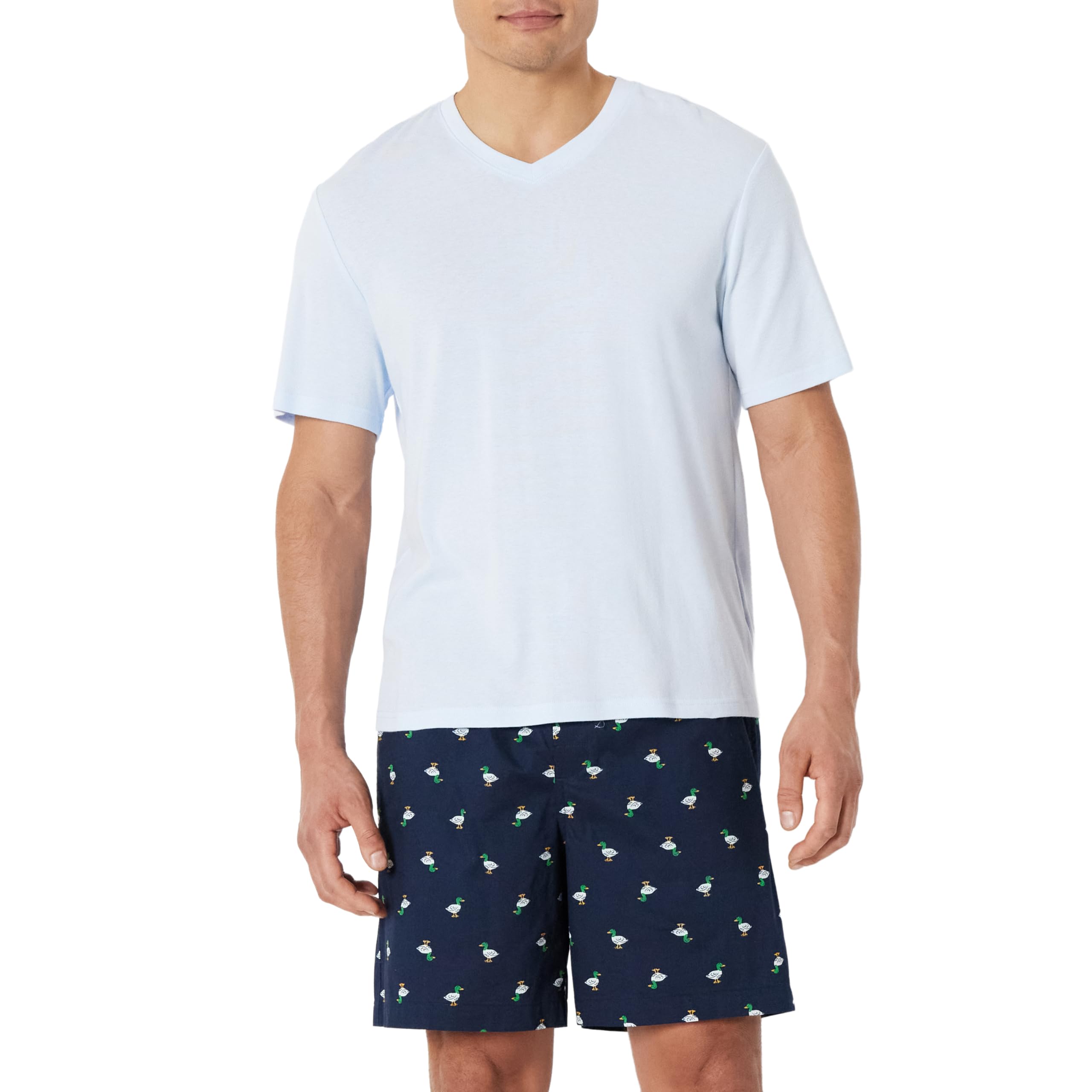 Amazon Essentials Herren Pyjama-Set aus T-Shirt und Relaxed-Fit-Shorts, Baumwoll-Stretch-Popeline