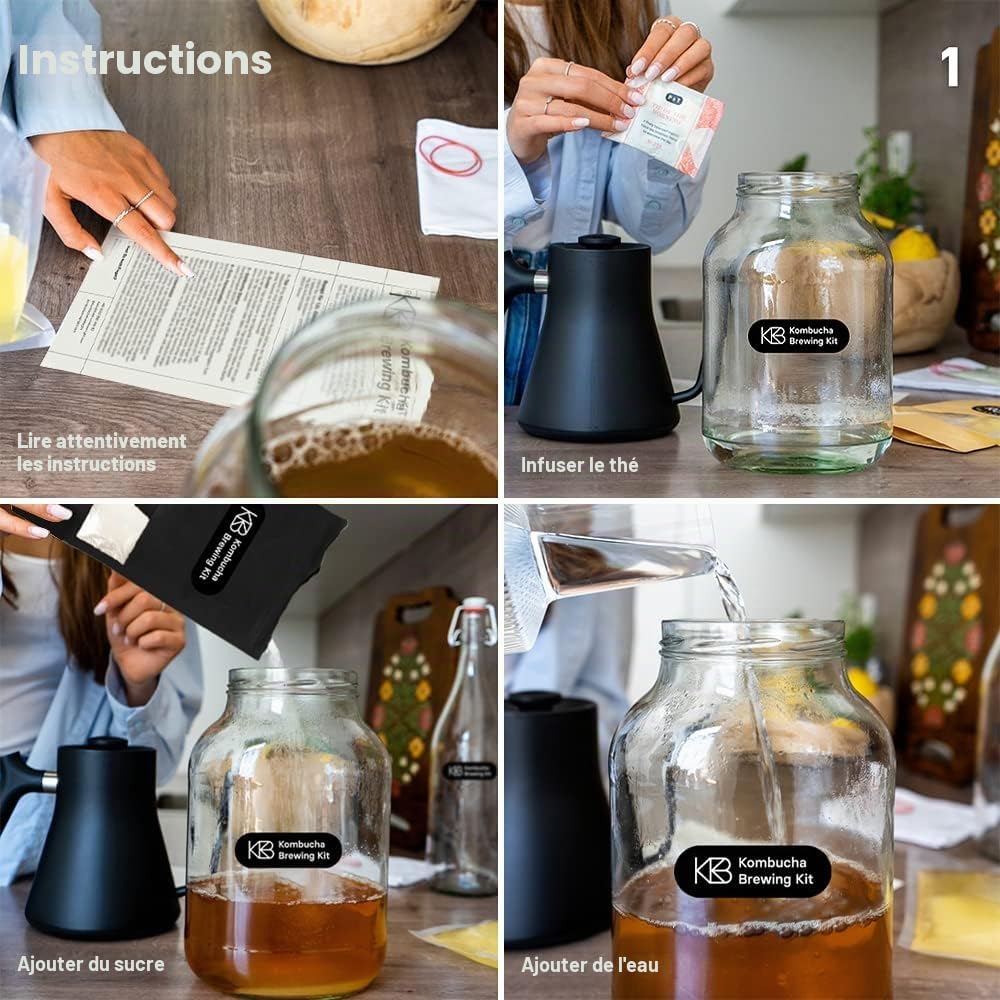 Kombucha Kit d'infusion Bundle, Kombucha Starter Kit avec culture bio Scoty et 4 saveurs d'infusion, avec récipient de fermentation, bouteille à repasser, sucre de canne brut bio, paille en verre