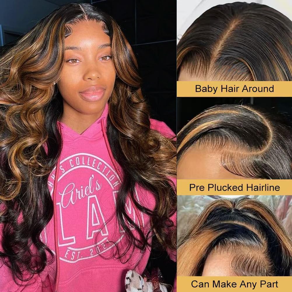 200% Density Highlight Ombre Lace Front Wig Human Hair Glueless 13x6 Body Wave HD Transparent 1B/30 Honey Blonde Lace Frontal Wigs Human Hair Pre Plucked With Baby Hair 30 inch
