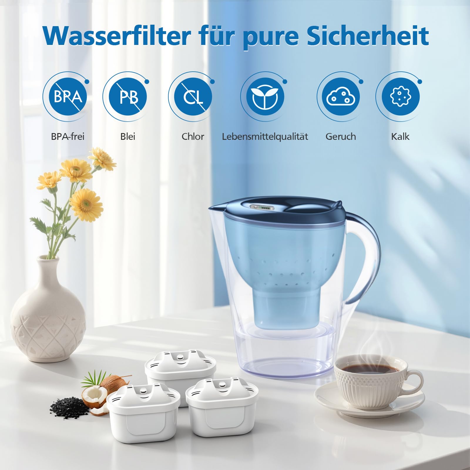 8 Pack Cartouche Filtre pour Brita, Compatible avec Brita maxtra Mava elemaris XL Carafe Filtrante, 3 étapes de filtration