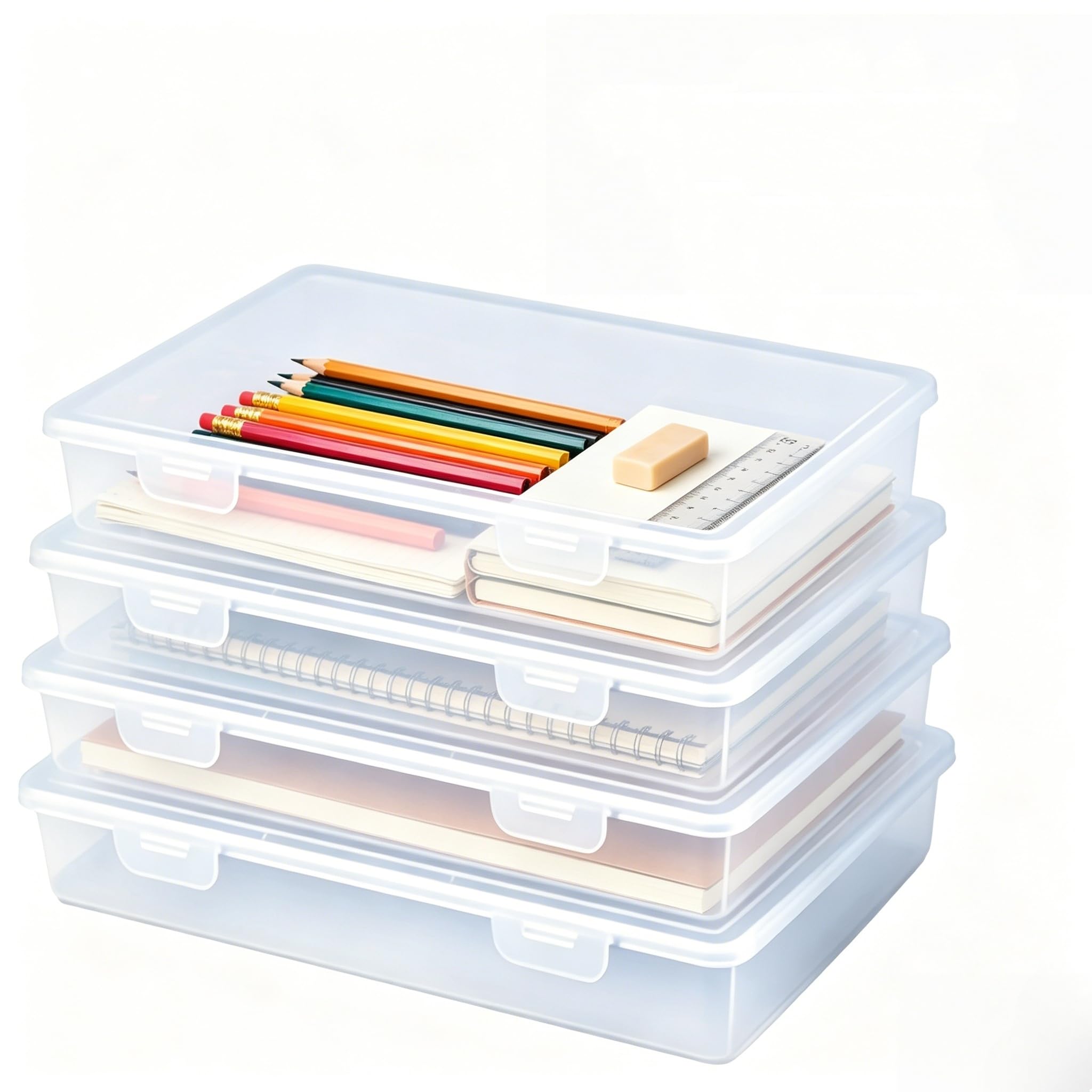 4 prostokątne, przezroczyste pojemniki do przechowywania z tworzywa sztucznego z pokrywami na zawiasach,prostokątne pojemniki plastikowe na papier i artykuły biurowe (Biały, 31×22×5 cm)