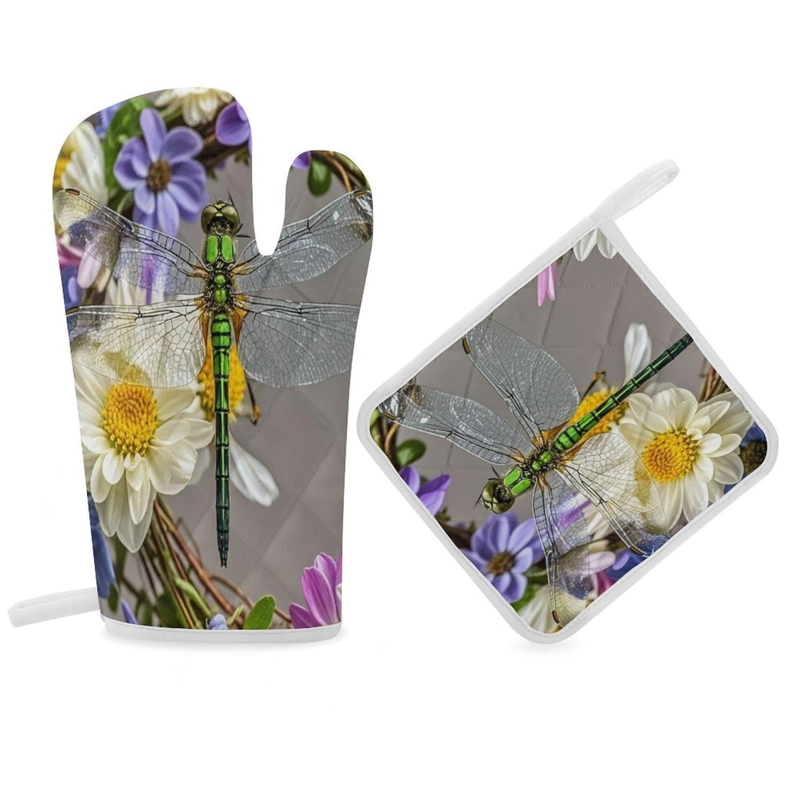 Image of Dragonfly in Wreath Oven Mitt Gloves and Heat Insulation Pads Double-Layer Thickened Heat Insulation Mitt Temperature Oven Gloves for Cooking Baking Grilling
