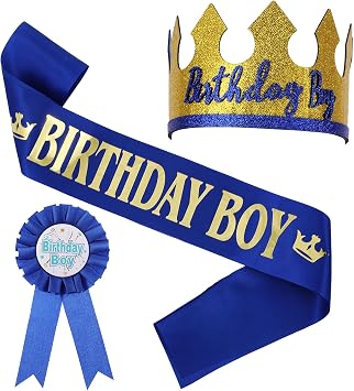 3pcs Birthday Boy Hat Set,Its My Birthday Badge,Birthdays Sash and Tiara Set, for Boys Theme Party Decoration Supplies, Blue