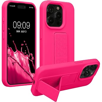 kwmobile Mobile Phone Case for Apple iPhone 15 Pro Max Case - TPU Silicone Case with Finger Holder and Stand - Protective Cover in Neon Pink
