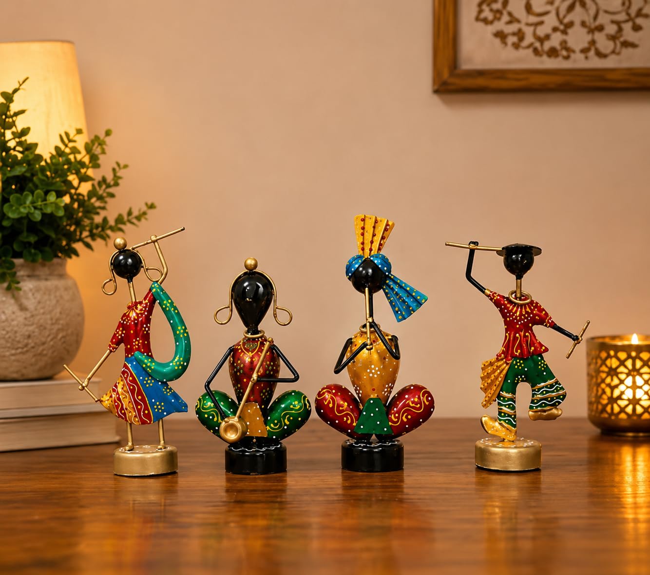 Set of 4 Colorful Tribal Musician Figurines | 6 Inch Metal Handcrafted Rajasthani Dancers & Musicians | Traditional Indian Home Décor Showpiece | Table Decor, Gift Item, Festival Return Gifts-image-3