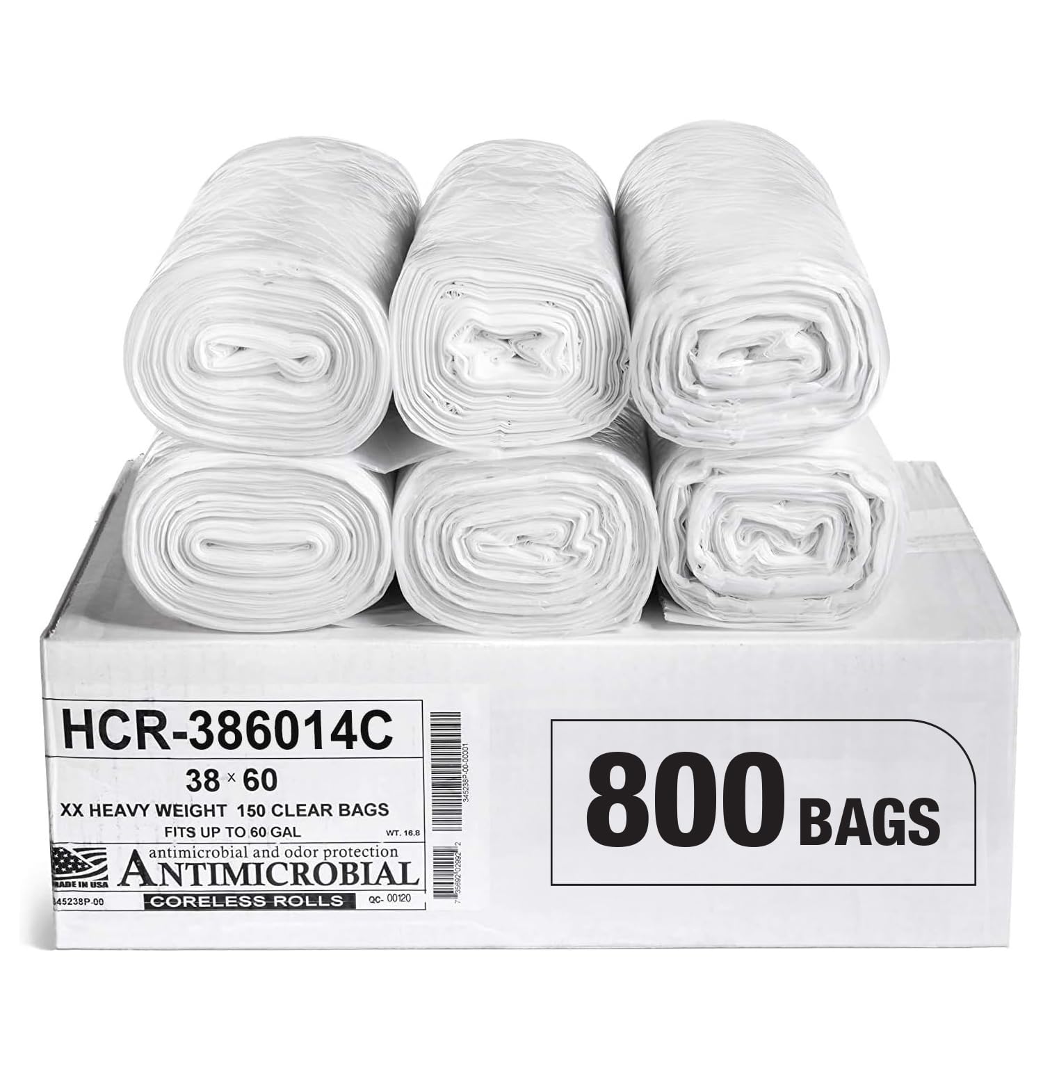 Aluf Plastics High Density Trash Bags, 60 Gallon, 800 Count, 14 Micron (eq), 38" x 60", Clear, for Bathroom, Office, Industrial, Commercial, Janitorial, Municipal, Recycling