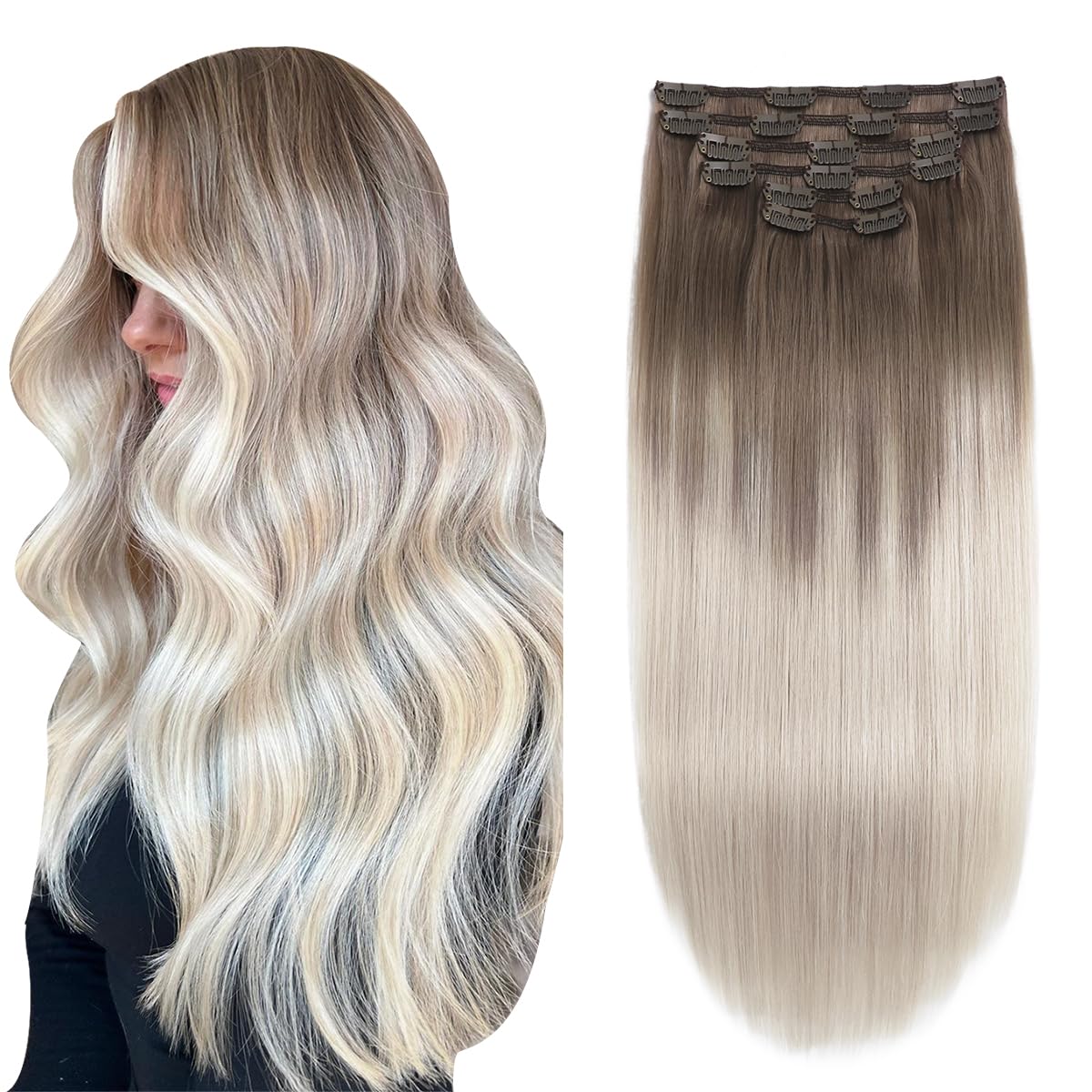 XDhair Clip in Hair Extensions Human Hair 16Inch 100g 6psc Ombre Ash Brown Highlighted with Blonde Clip in Human Hair Extensions #8/60 16inch