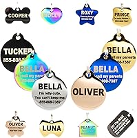 Vista 13 de Etiquetas de perro grabadas personalizadas, de acero inoxidable, grabadas, etiquetas de identificación de perro y gato, parte delantera y trasera