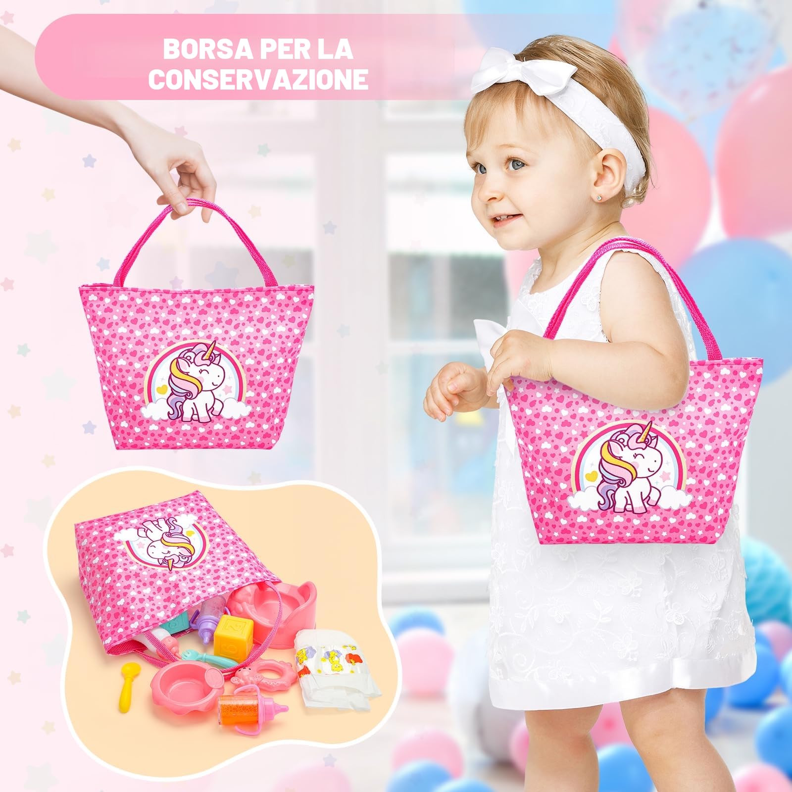 deAO Accessori per Bambolotti Bambole, 12" Bambola Bebè Set Giocattolo Include 2-in-1 Lettino Bambola, Bambole e Biberon, Ciuccio, Pannolini, Pappa e Cura, New Born Baby Dolls per Bambini 3+ Anni