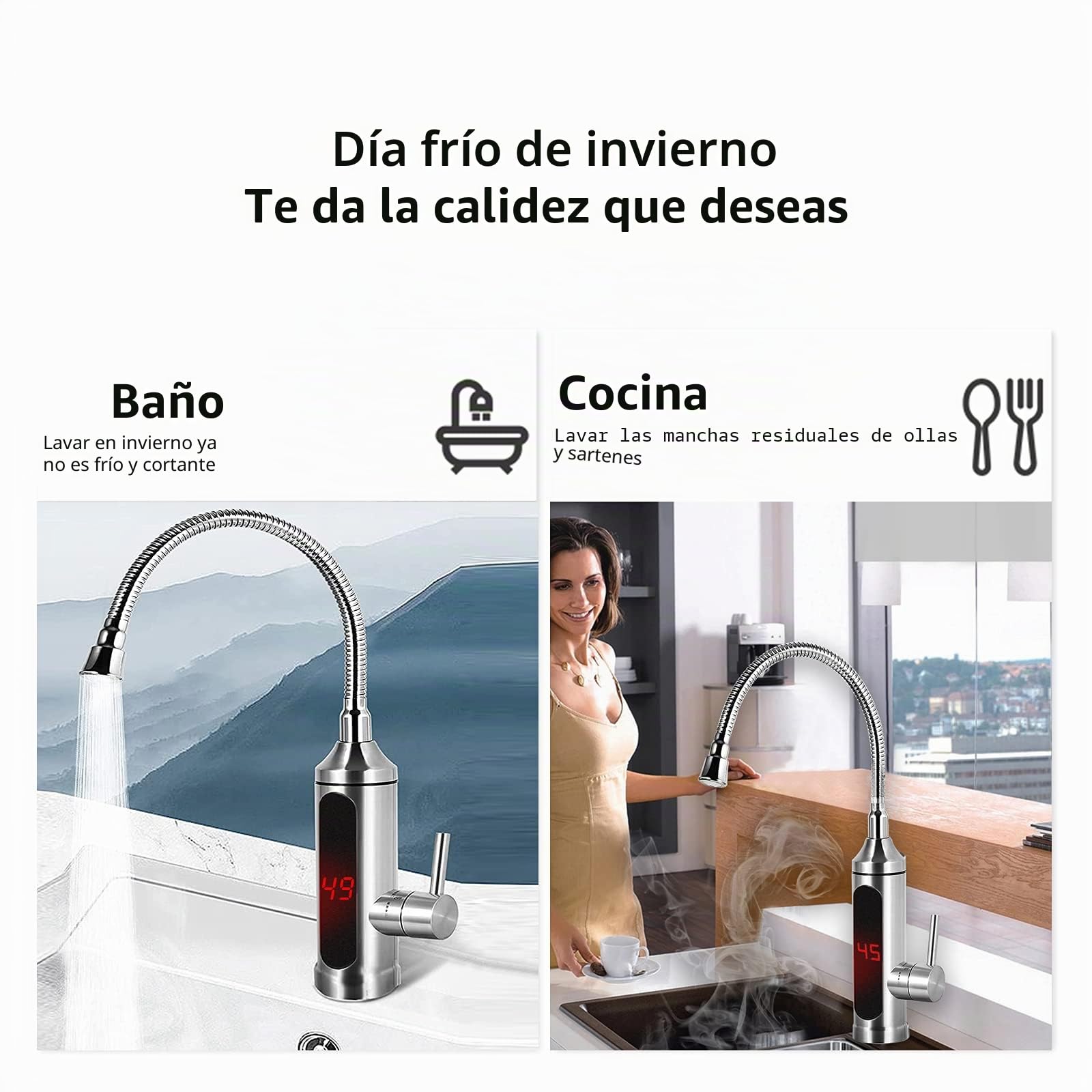 Eléctrico Instantaneo Grifo Agua Calentador, Grifo Eléctrico Agua Caliente, 220V 3300W Grifo Fregadero de Cocina, Calentador de Agua Electrico Con Grifo Lavabo 360° Flexible Rotación