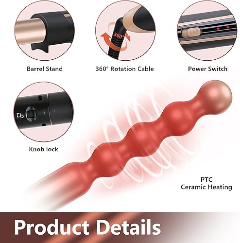 Miniatura 2 de Erokicysh Varita rizadora 5 en 1 juego de varita rizadora de pelo de cerámica intercambiable 5 varitas rizadoras de pelo largo de 035-125 pulgadas