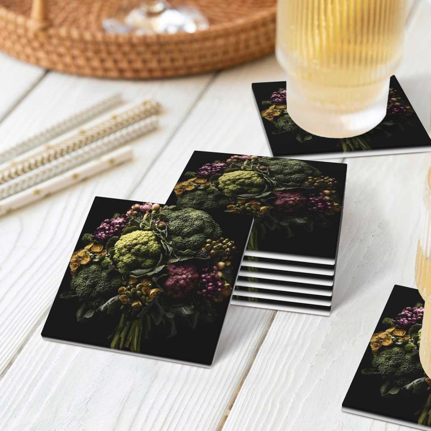 (Broccoli Bouquet) Ceramic Coasters Set of 6 with Holder Non-Slip Square Coffee Coasters for for Cup Mug Drink Patio Coffee Table Decor, Christmas Coasters Home Bar Supplies