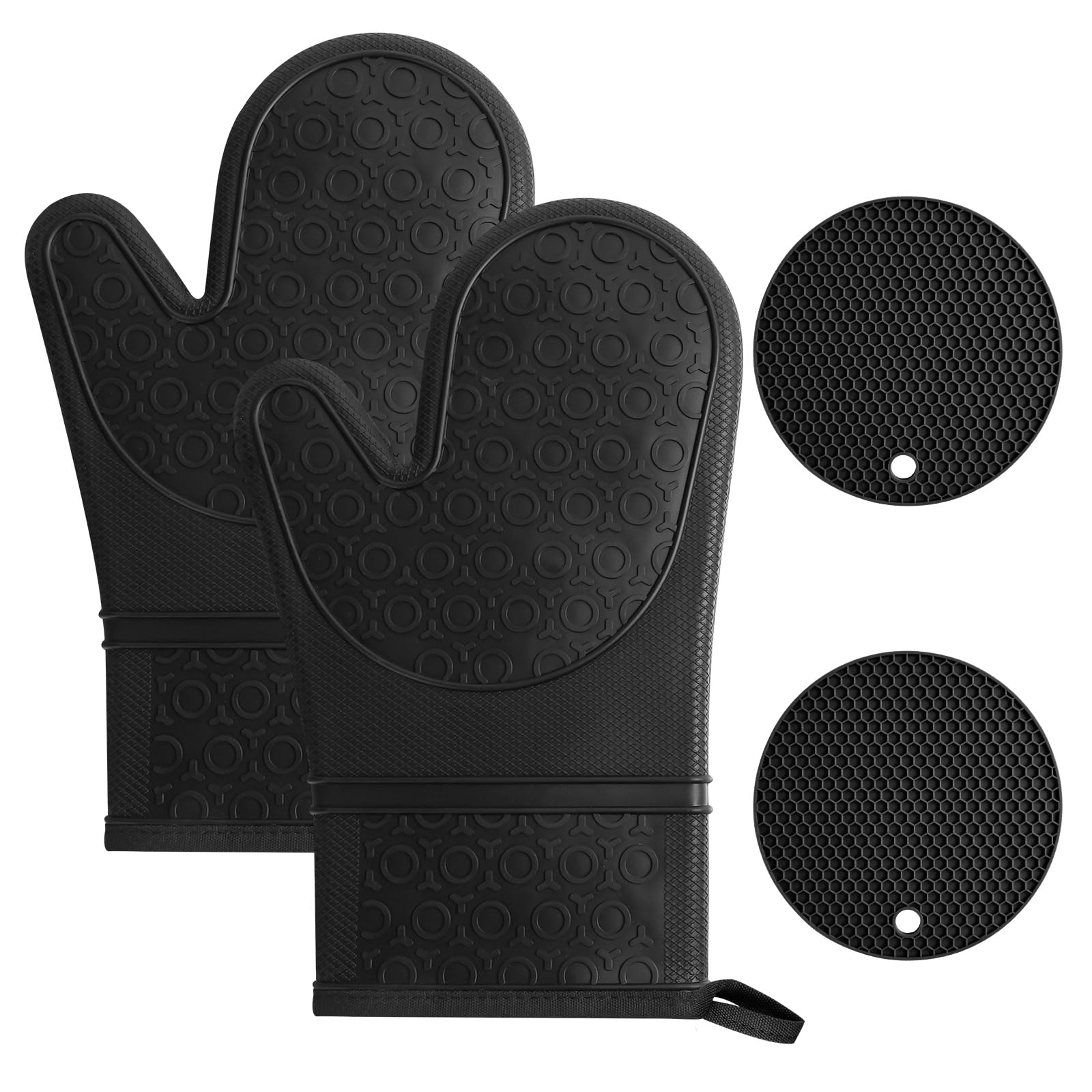 AUAUY Ofenhandschuhe Set, 1 Paar Silikon Ofenhandschuhe mit 2 Topflappen, Anti-Rutsch Kochhandschuhe, Hitzebeständige Topfhandschuhe, Backofen Handschuhe für Küche Kochen Backen Grillen BBQ