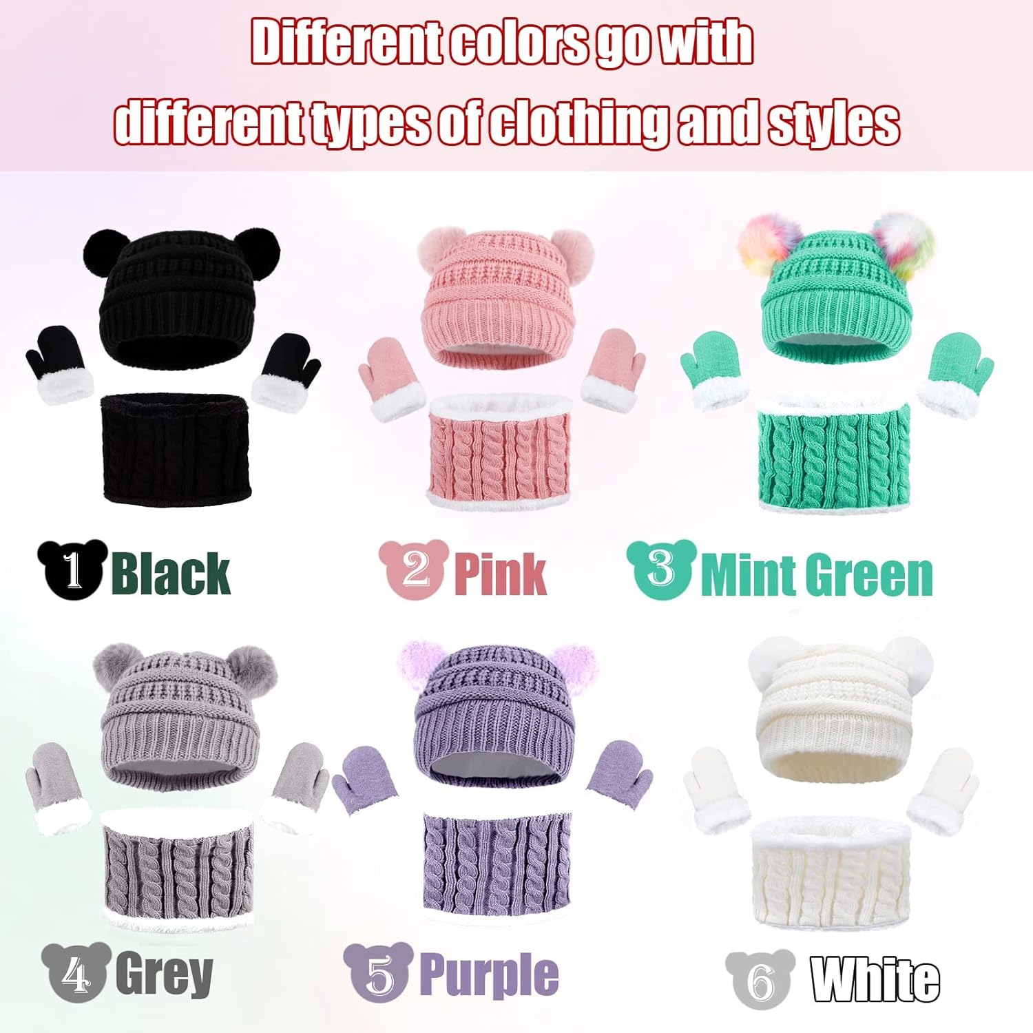 3 Pcs Kids Winter Knitted Beanie Hat Scarf Gloves Set Pompoms Knitted Beanie Mitten Scarves Fleece Lined for Toddler Girl Boy - Image 8