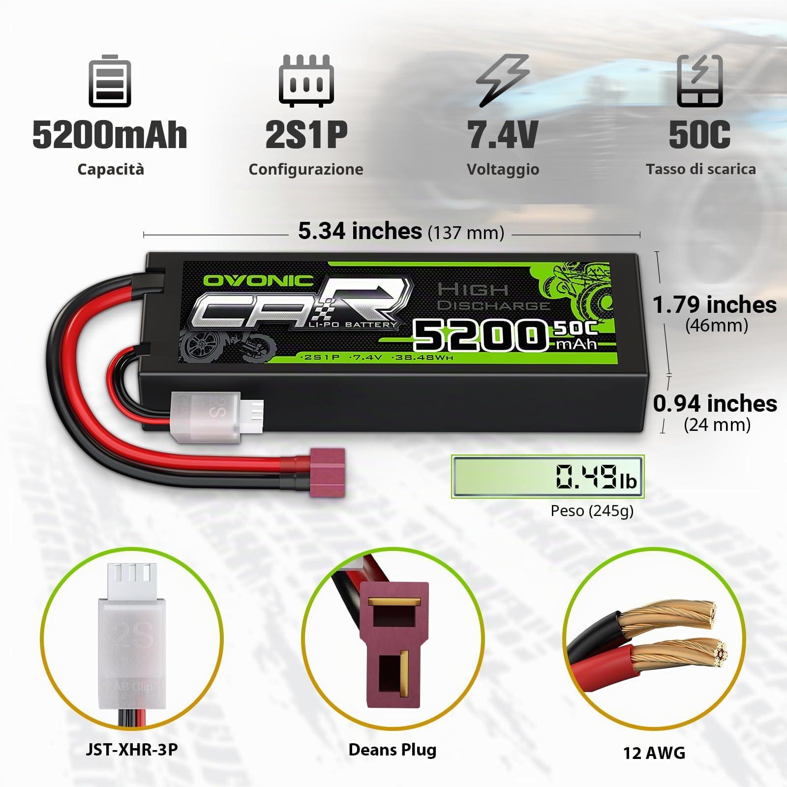 OVONIC Batteria Lipo 2s 5200mAh 50C 7.4V Custodia Rigida con Connettore a T stile Dean per aereo RC RC Elicottero RC Auto RC Barca Hobby (2 packs)