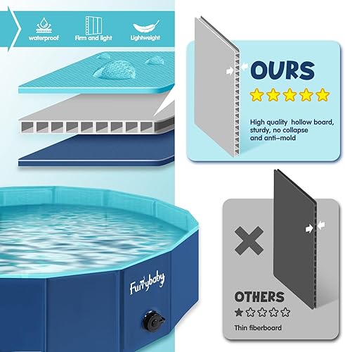 Miniatura 3 de Furrybaby Piscina para perros, piscina para niños con placa dura, plegable para mascotas, piscina plegable para mascotas, portátil, azul marino, 32