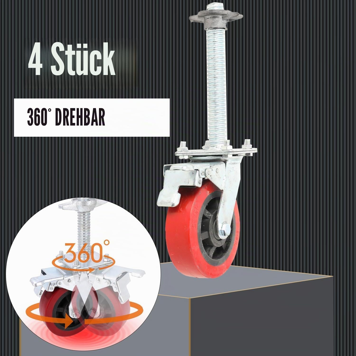 4 Stück Schwerlastrollen 150mm Lenkrollen mit Bremse, 360° Drehbar Transportrollen, Schwerlast Industrie Lenkrollen aus Kohlenstoffstahl, Nylon, 500kg Tragkraft