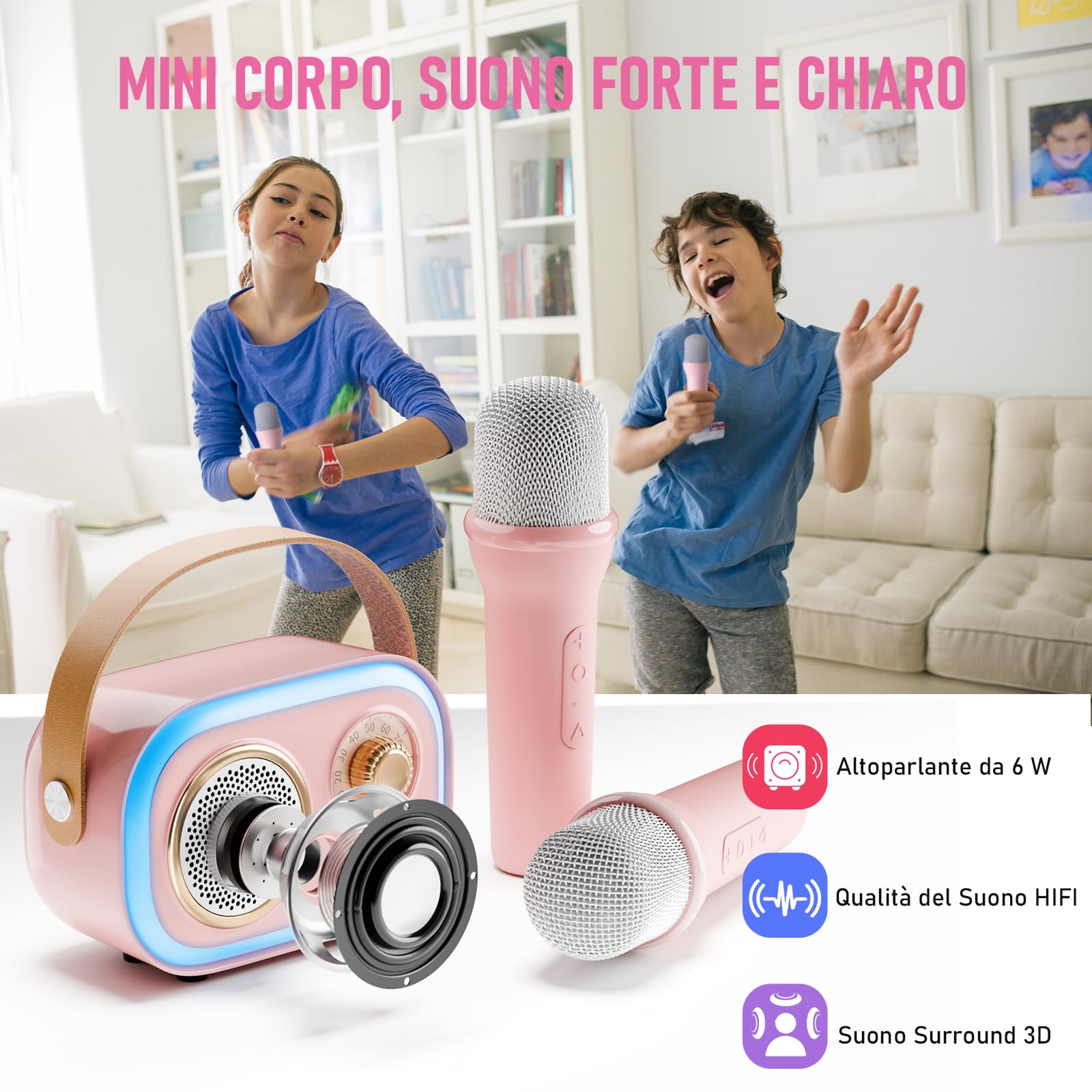 Karaoke per Bambini e Adulti con 2 Microfono, Regalo Bambina 3-18 Anni Macchina per Karaoke Bambini Bluetooth con 5 LED e 12 Effetti Vocali，Giochi Bimba 3-18 Anni,Regalo Natale Compleanno Giocattoli