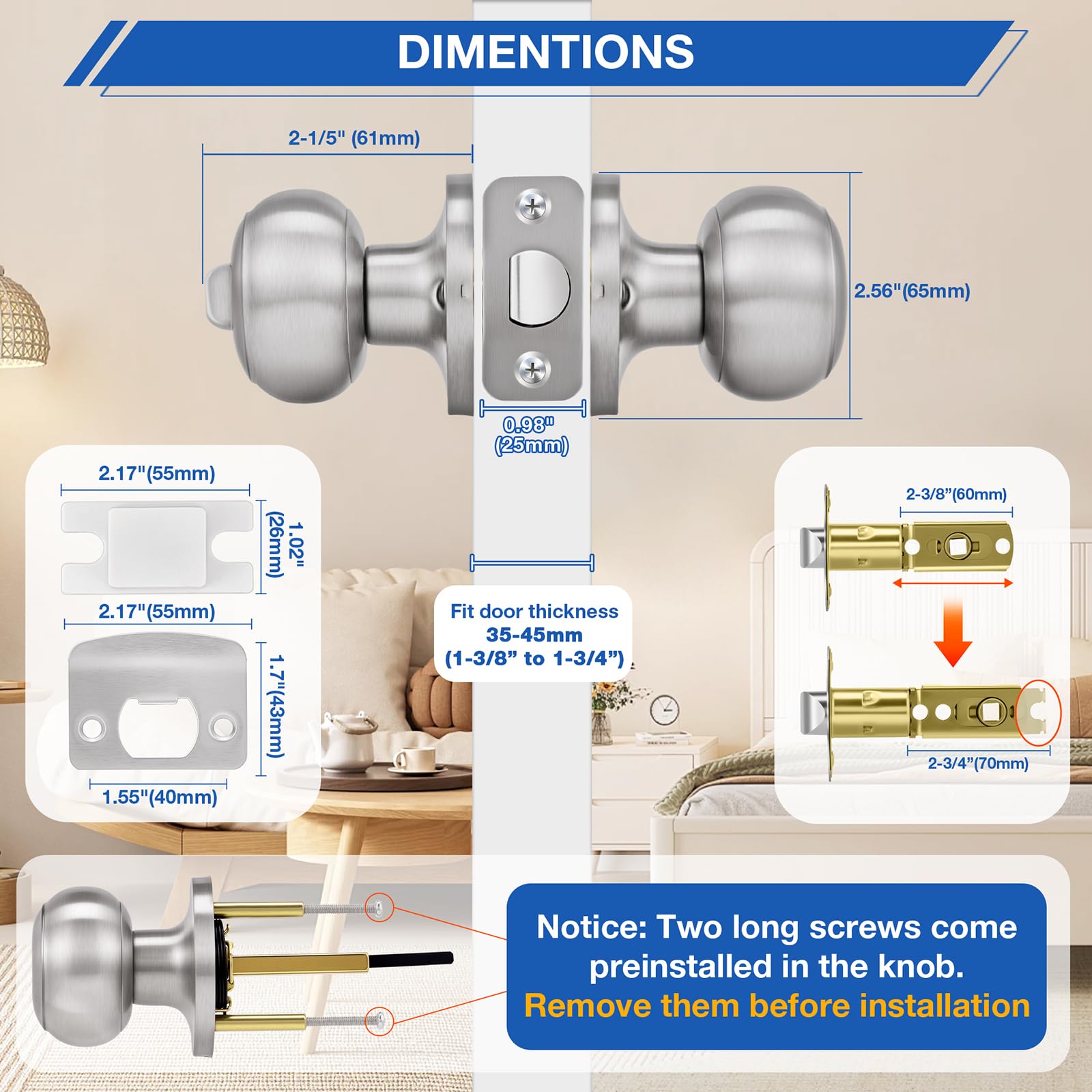 Plustool 10 Pack Brushed Nickel Door Knobs,Privacy Door Knob with Lock, Interior Doorknobs Silver, Keyless Door Locks Set for Bedrooms Bathrooms, Reversible for Left/Right Door Handle — Amazon image 5