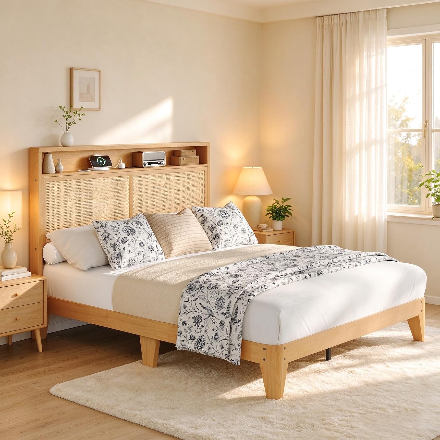 Light Ratta Headboard Amazon.com - PhoenixCrest Rattan Bed Frame Queen Size, Storage ...