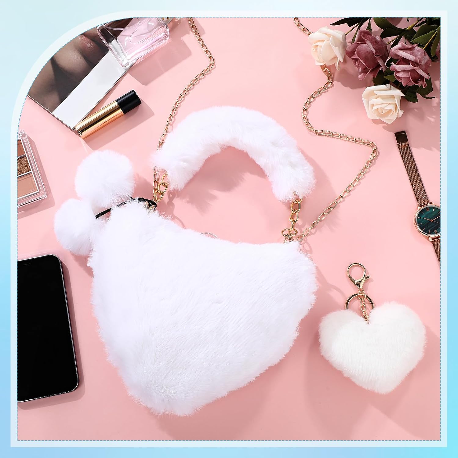 Abbylike Valentine Furry Heart Shaped Purse Fluffy Faux Fur Shoulder Bag Crossbody Handbag for Women Girl