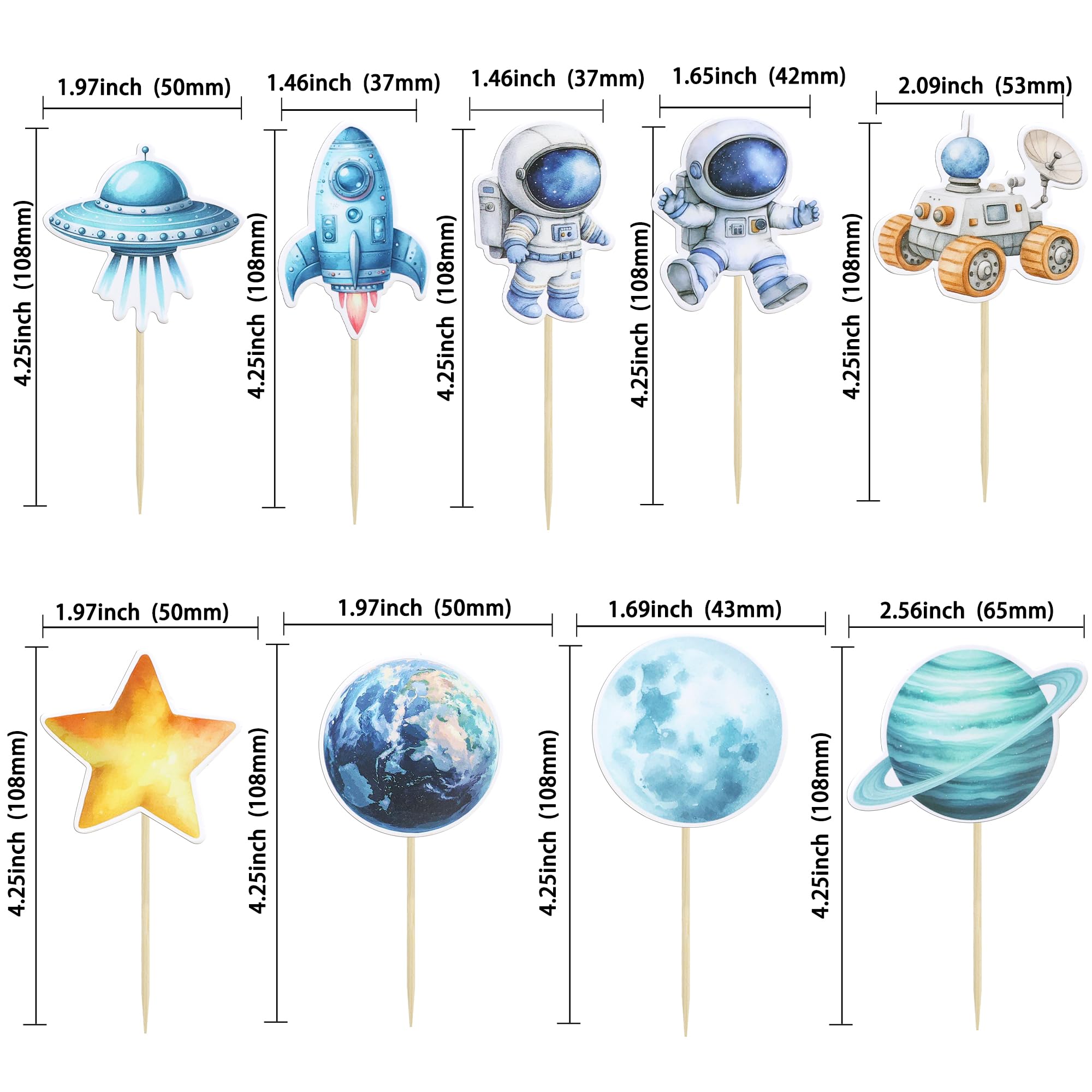 Gyufise 36Pcs Space Astronaut Cupcake Toppers Planet Rocket Telescope Trip to the Moon Cupcake Picks for Outer Space Baby Shower Gender Reveal Birthday Party Cake Decorations Blue