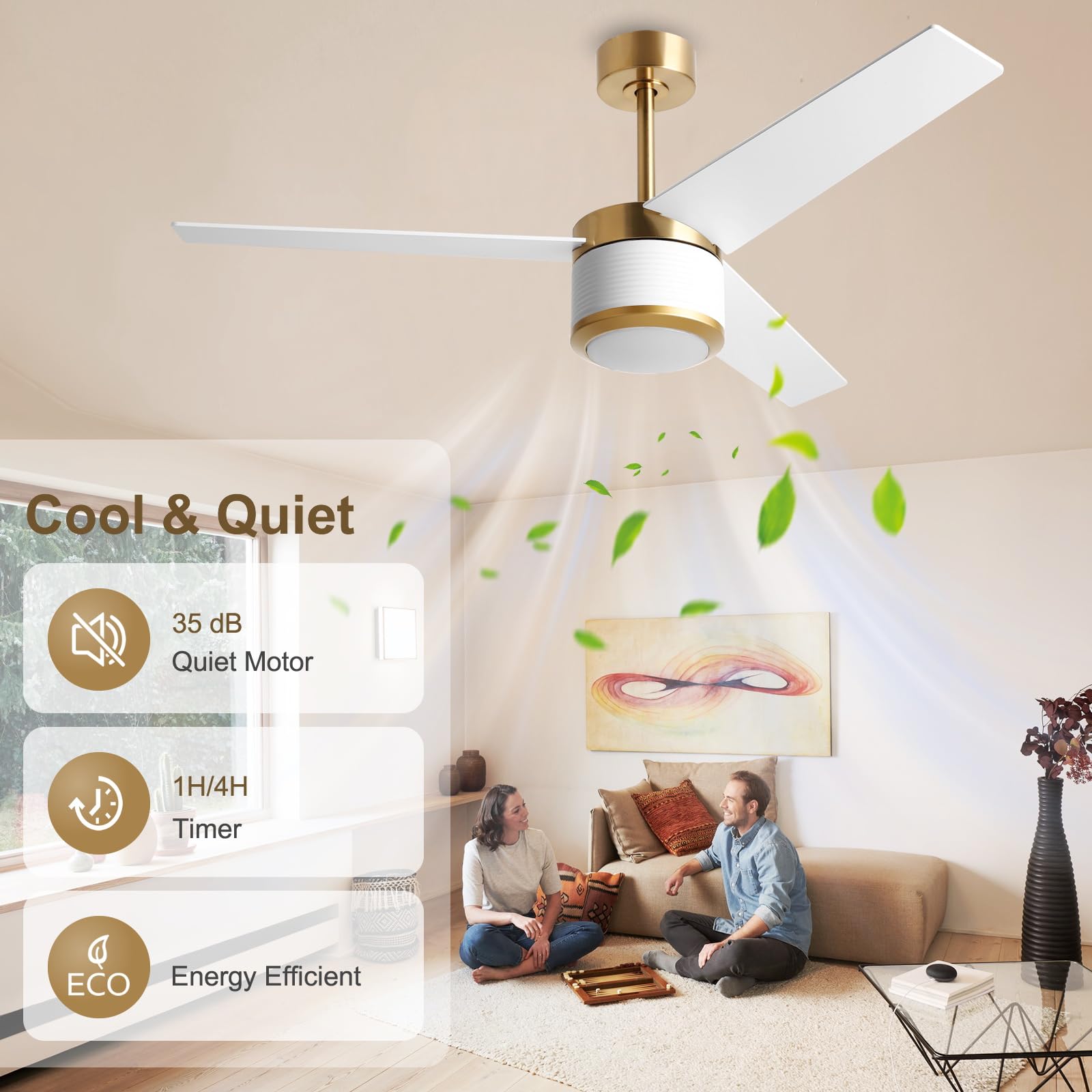 52 Inch White Ceiling Fan With Light - Quiet DC Motor, Remote Control, 3 Blades For Bedroom & Living Room