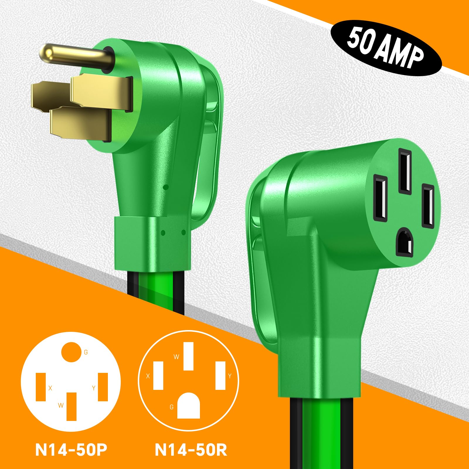 Cable de extensión de 25 pies y 50 amperios RV/EV para exteriores, resistente al agua, cable de alimentación STW RV de 4 clavijas, NEMA 14-50P/R, enchufe estándar para carga EV y caravanas,