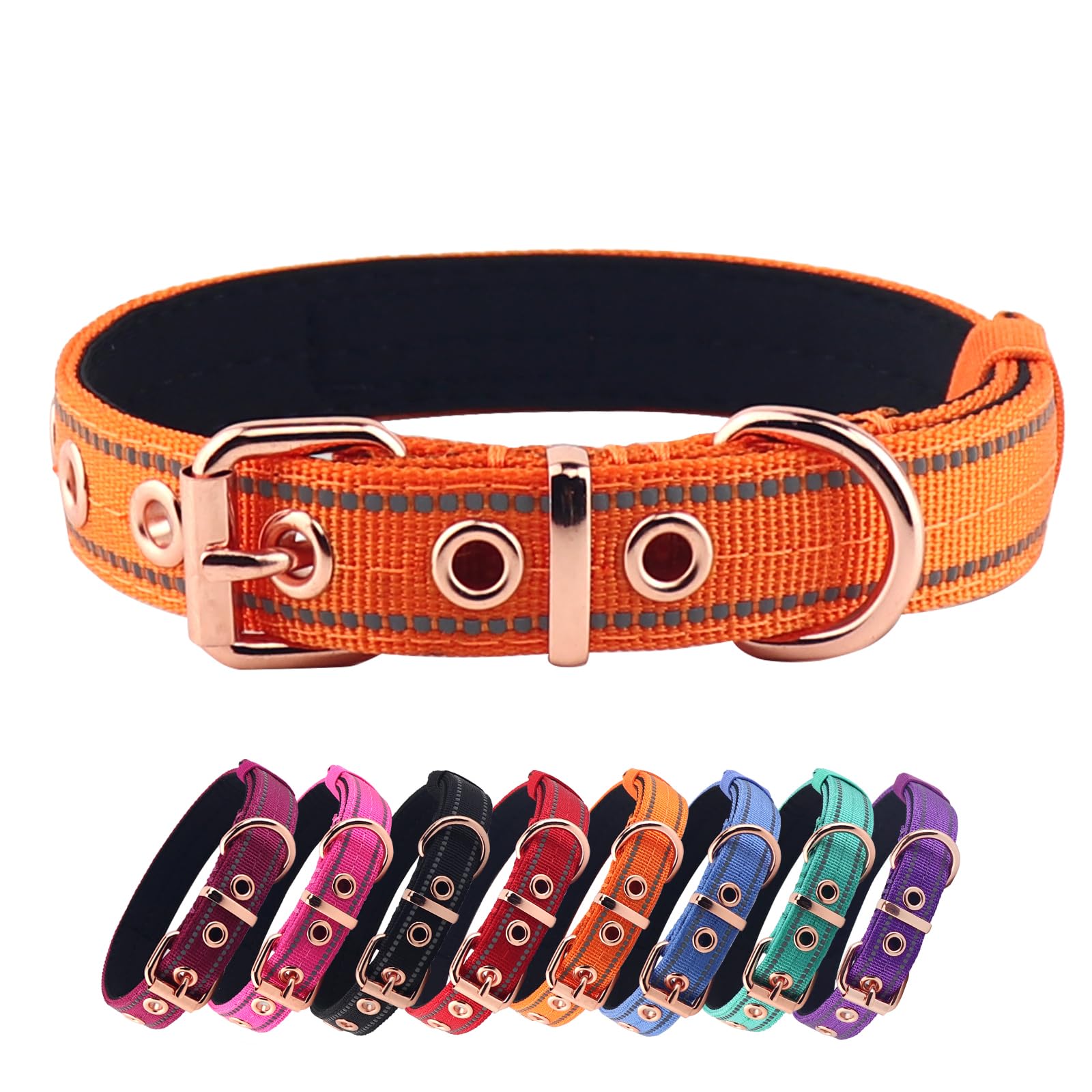 Yunleparks Neoprene Padded Dog Collar, Nylon Collar for Small to Large Dogs, Heavy Duty with Metal Buckle, Reflective(Medium, Orange)