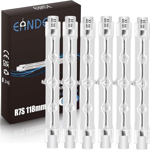 6 Pack R7s Halogen Bulb 118mm 230W Dimmable 230V 4650lm 2800k Warm White Energy Saving Tungsten Linear Bulbs Floodlight J118 Security Light Bulb