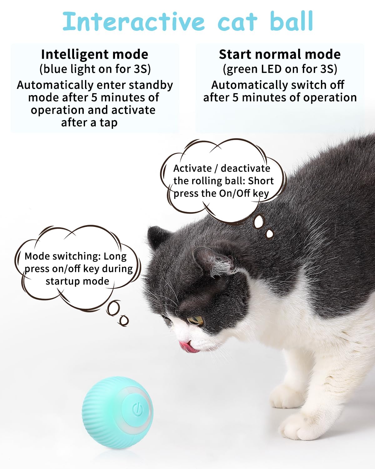 Birshe Interactive Cat Toy Ball - 360° Electric Ball with LED Light and Rechargeable Type-C - Exercise for Pets 2