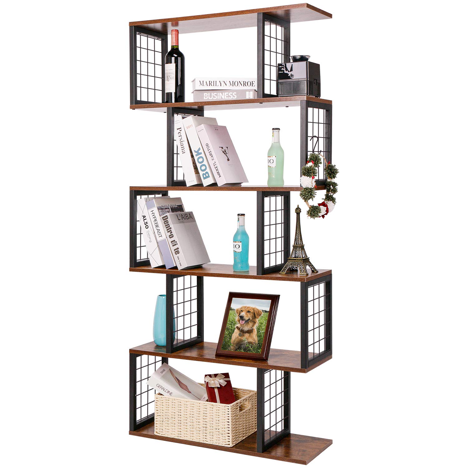 5-Tier Shelf Bookcase S-Shaped Z-Shelf Style Bookshelf Bookcase Room Divider Display Shelf Free Stan