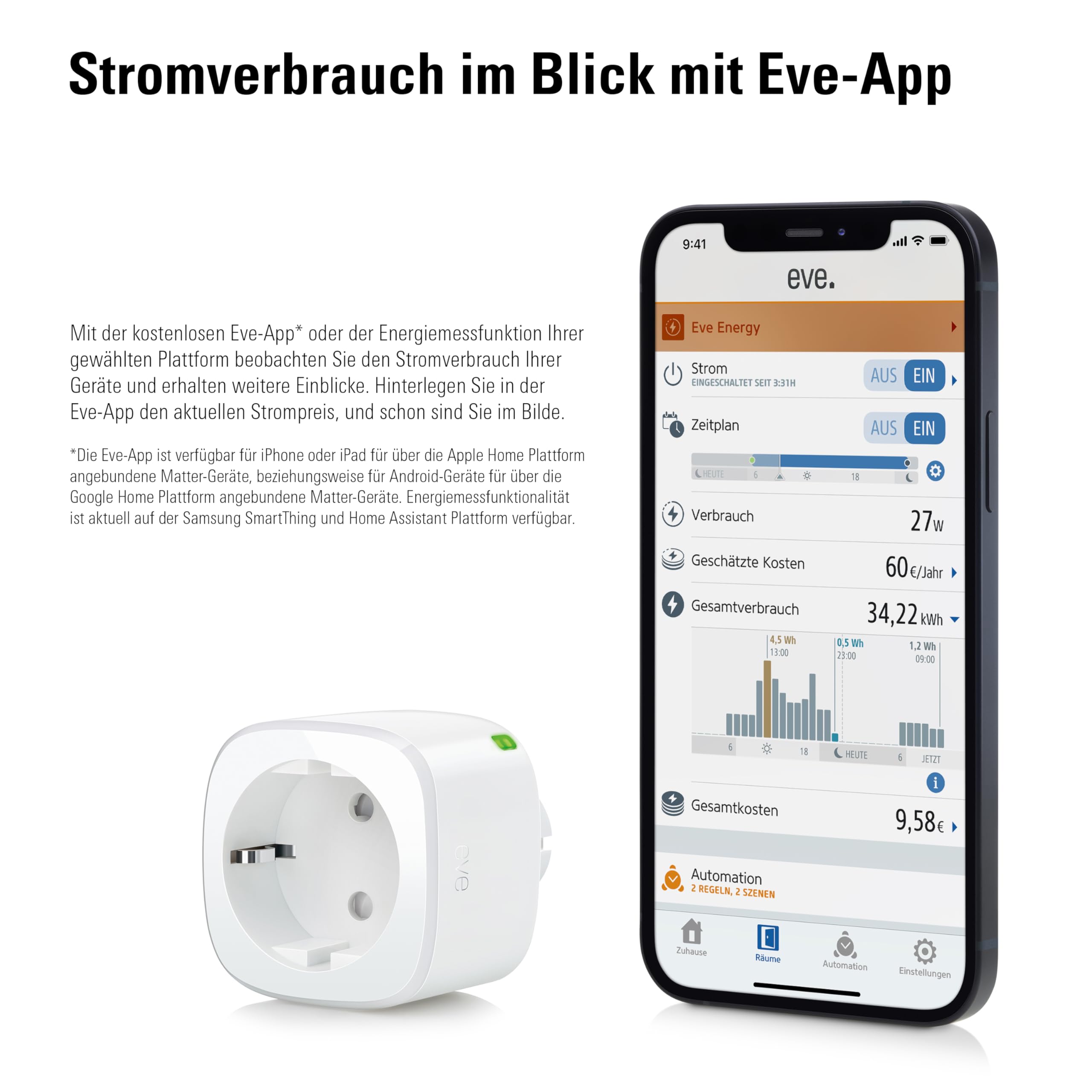 Eve Energy (Matter) – Smarte Steckdose, Verbrauchsmessung, App-/Sprachsteuerung, TÜV-zertifiziert, funktioniert mit Alexa/Apple/Google/SmartThings/Home Assistant, Thread Border Router nötig
