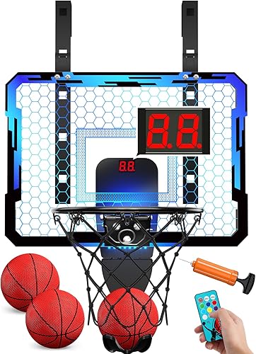QDRAGON Aro de baloncesto para interiores para niños, mini aros de baloncesto sobre la puerta con 7 luces LED, juguetes de baloncesto, regalos para