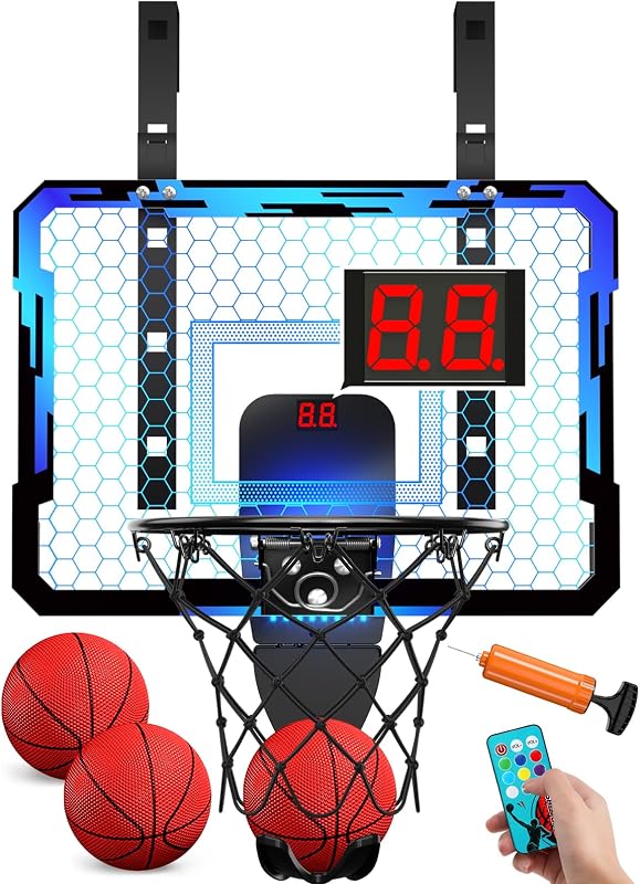 Mini aro de baloncesto QDRAGON con marcador y 7 luces LED | Sobre la puerta interior, con 3 bolas/inflador/borde separable, regalos de juguete de baloncesto para niños adultos, traje para dormitorio/oficina