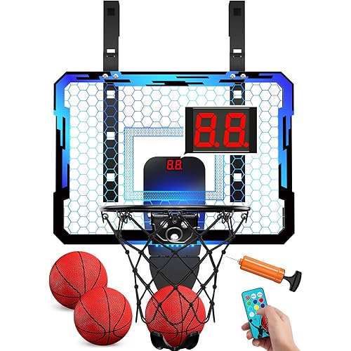 QDRAGON Indoor Basketball Hoop for Kids, Over The Door Mini Basketball Hoops with 7 LED Lighting, Basketball Toys Gifts for 5 6 7 8 9 10 11 12 Year Old Boys Girls Teens, Blue