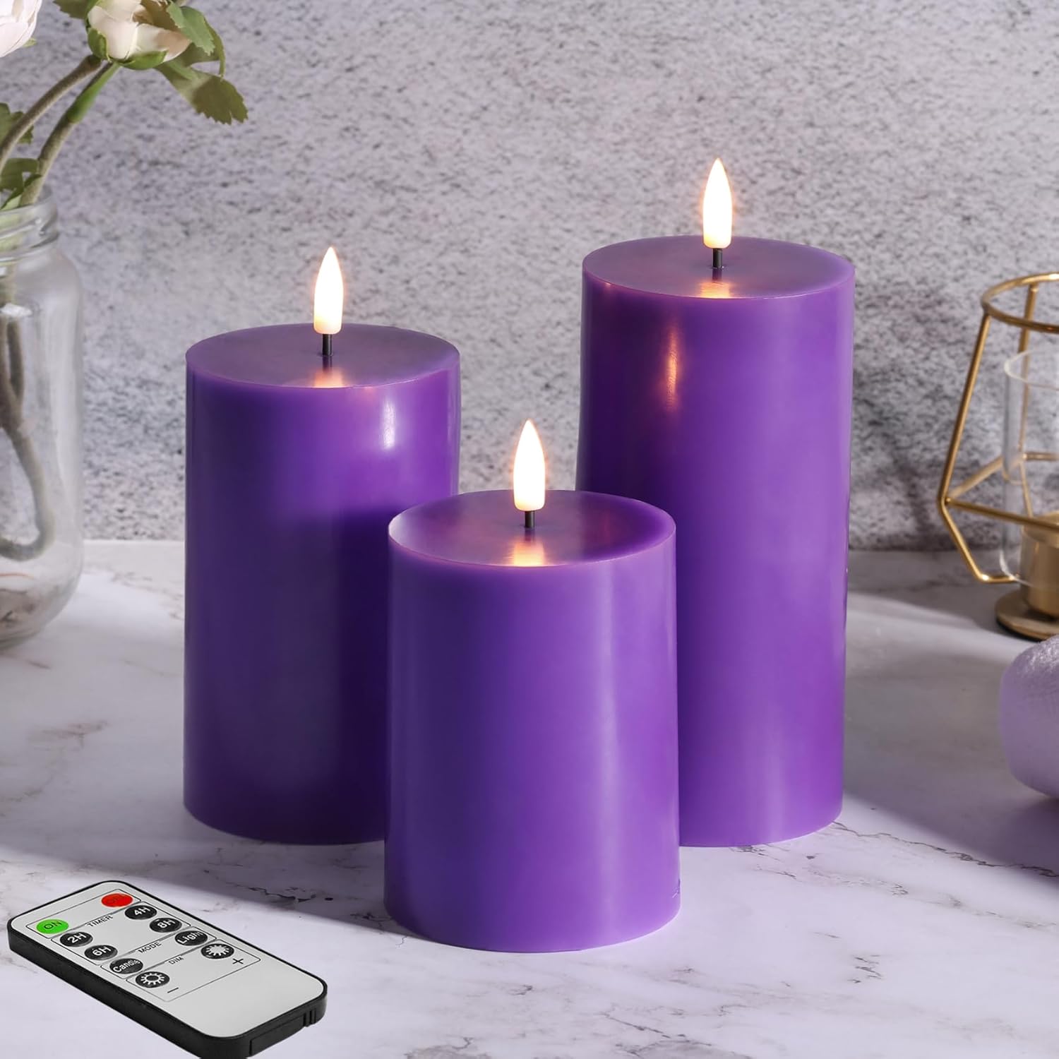 Purple Flameless Pillar Candles with Remote, Real Wax Flickering Battery Operated LED Candles ? 3" H 4" 5" 6"