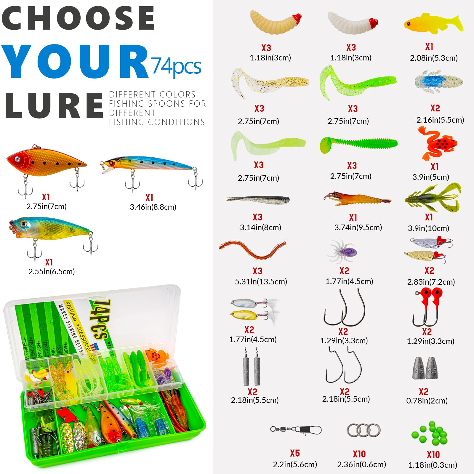 THKFISH Ensemble de 79 sacs de pêche étanches avec boîtes, sac de pêche pour la pêche, y compris pinces de pêche, appâts, extracteur de hameçons et poignée à lèvres