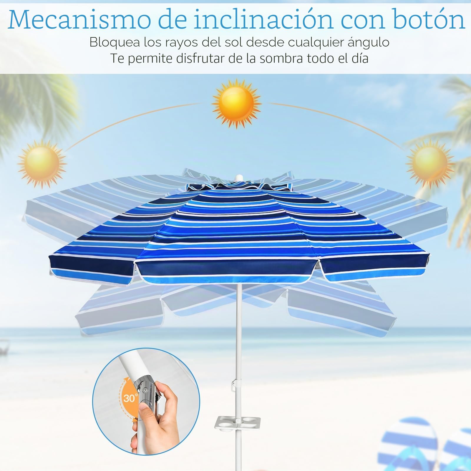 RELAX4LIFE Sombrilla Φ220cm Ajustable y Resistente a Rayos UV y Agua con Soporte Extraíble para Bebidas, Sombrilla Plegable con Bolsa de Transporte para Terraza, Jardín, Playa, Sin Base, Azul Marino