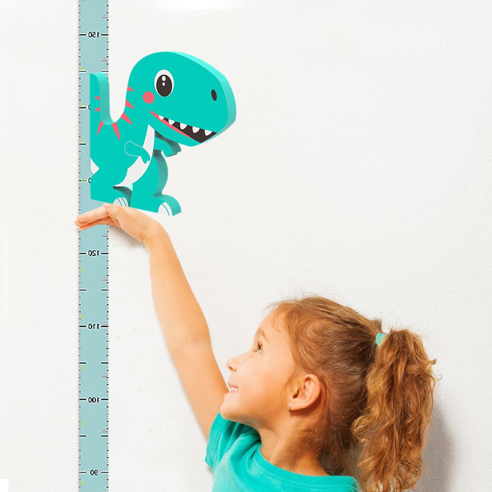 Tabella di misurazione altezza bambino: altimetro dinosauro 3D con penna lavagna bianca e metro a nastro