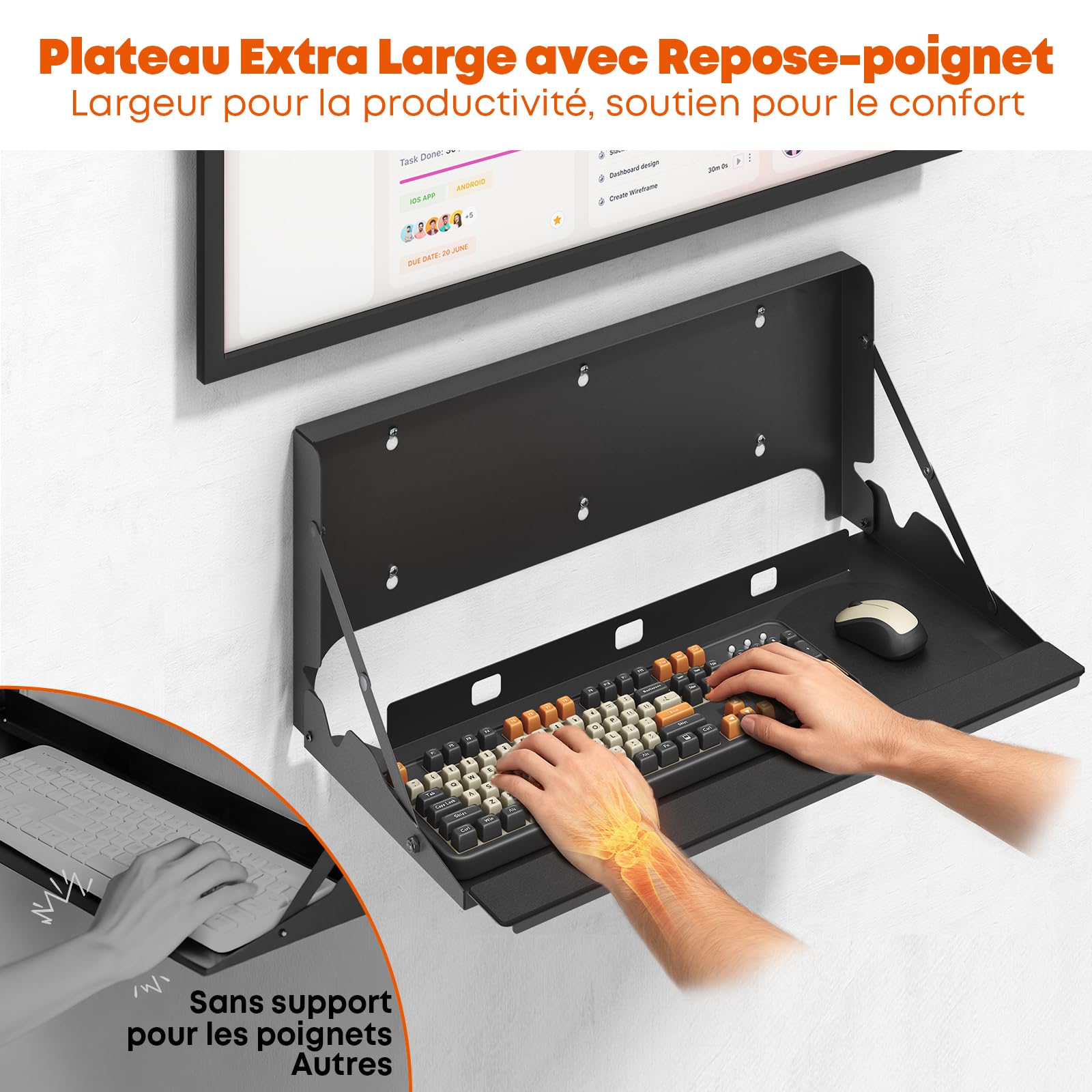 Plateau Clavier Escamotable Murale Ergonomique 61cm - Plateforme pour Clavier & Souris de Bureau et Maison - Gain de Place avec Tapis de Souris et Repose-Poignets, Capacité de Charge 10 kg, Noir