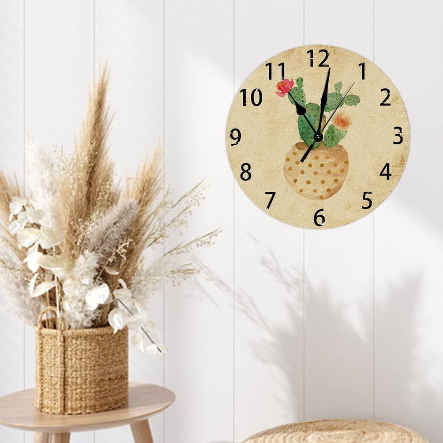 15 Inch Round Wall Clock Farmhouse Watercolor Blooming Cactus Clock Decorative Wooden Wall Clock Rustic Battery Operated Silent Wall Clock Hanging Wall Decor for Home Offiice Bedroom