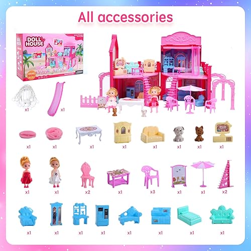 Miniatura 3 de Casa de muñecas, con 4 habitaciones, 2 muñecas, accesorios de muebles de juguete, área de juego para mascotas, juego de casa de muñecas deslizante,
