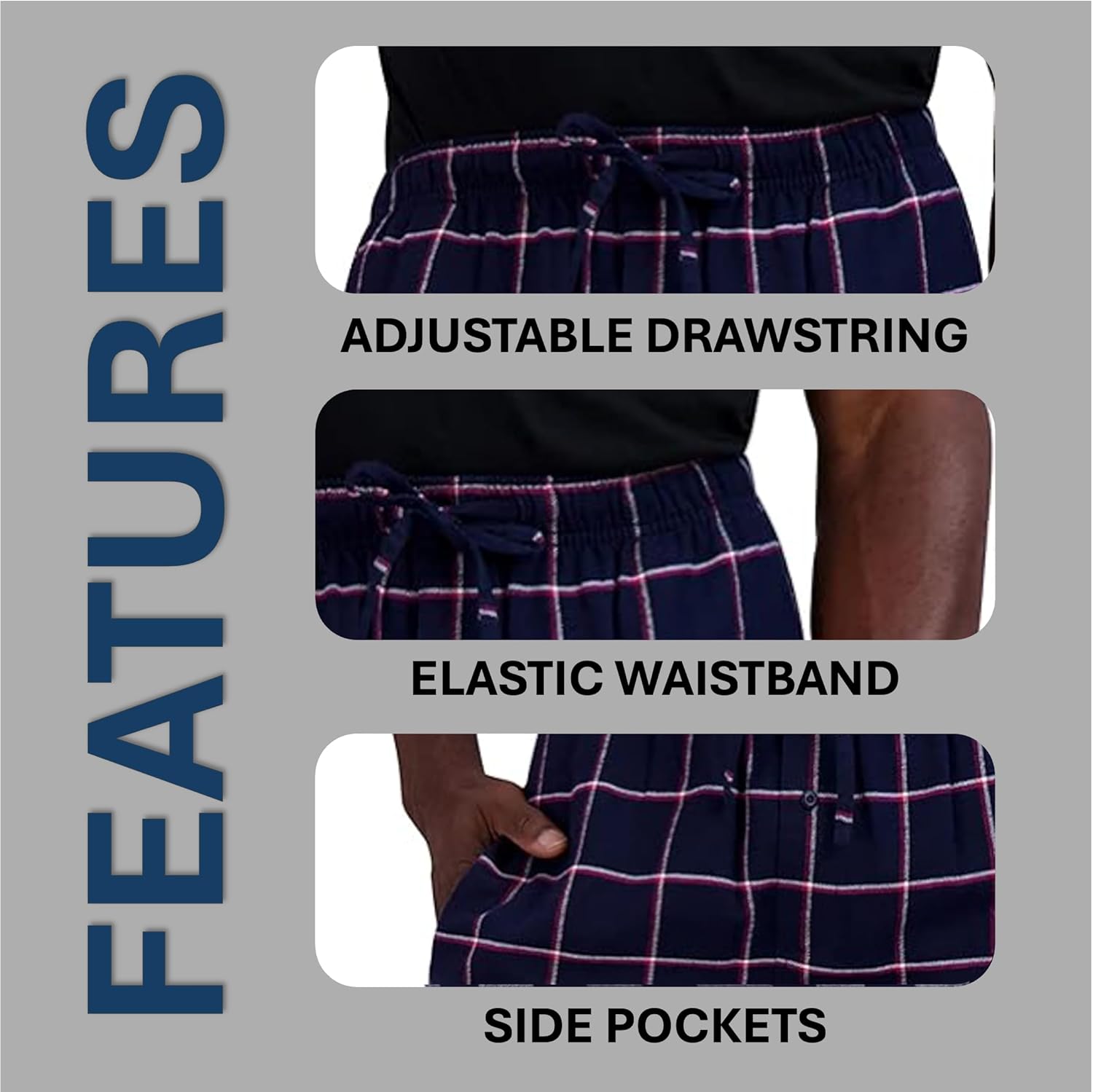 Hanes Ultimate Men's Flannel Pant, Navy Box Plaid, Small - Image 3