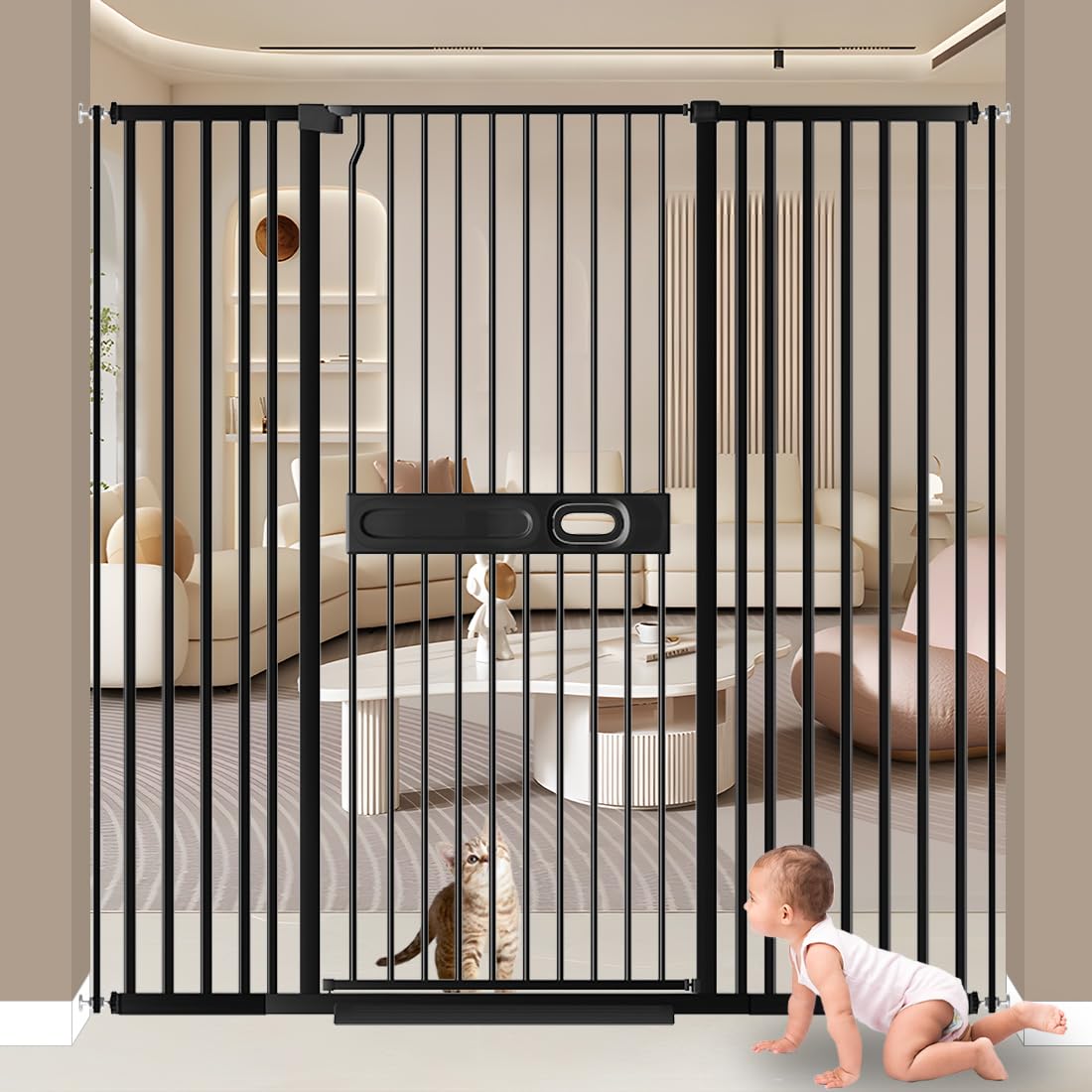 TSAYAWA 59" Extra Tall Cat Gate for Doorways, 29.6-53.1 Inches Extra Tall Pet Gate for Cats Walking Thru, Pressure Mounted Tall Wide Dog Gates Indoor for Babies, Cat Safety Gate for Stairs Hallways
