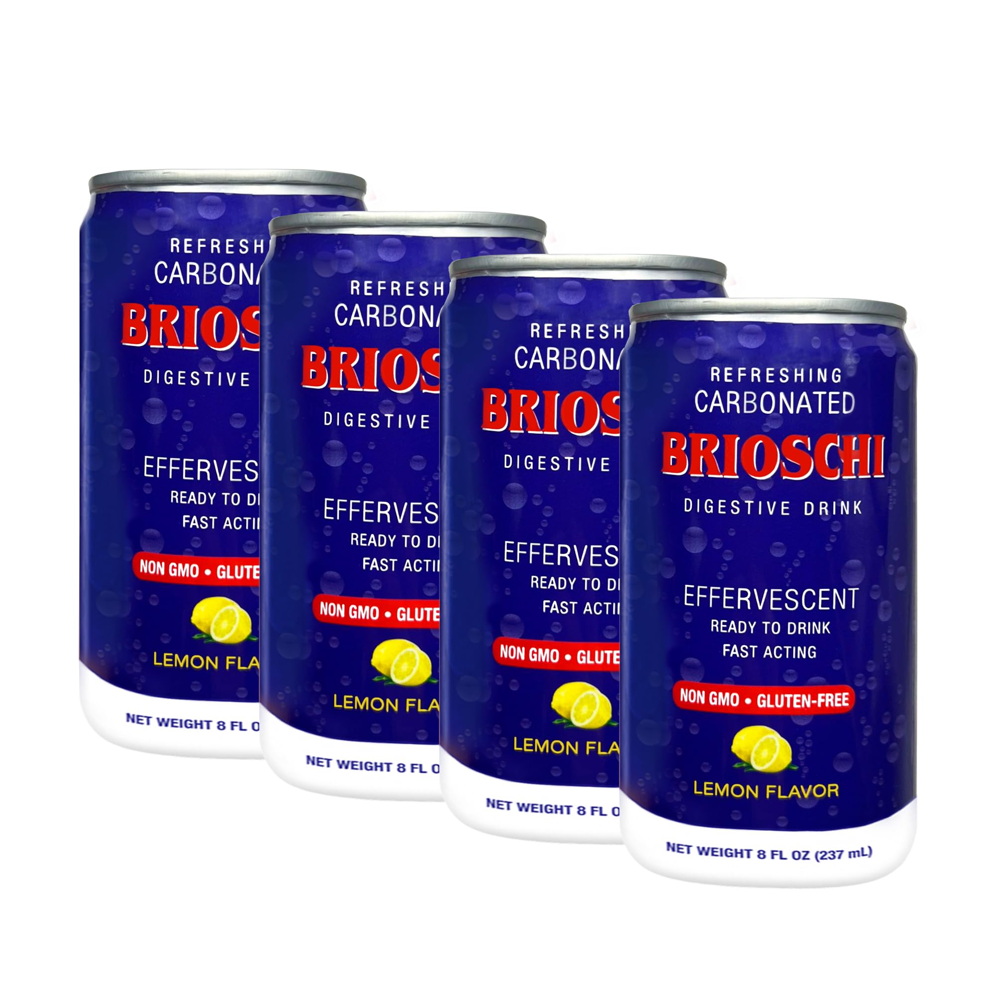 BrioschiReady to Drink | Lemon Flavored Refreshing Effervescent Seltzer | Fast Acting Digestive Aid, Heartburn, Upset Stomach, Acid Indigestion | Gluten Free | Super Carbonated 8 oz can, (Pack of 4)