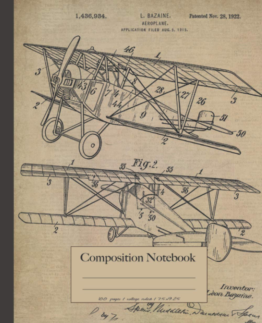 Airplane composition notebook: Vintage biplane aircraft college ruled notebook. Patent blueprint diagram design. Airplane lover gifts