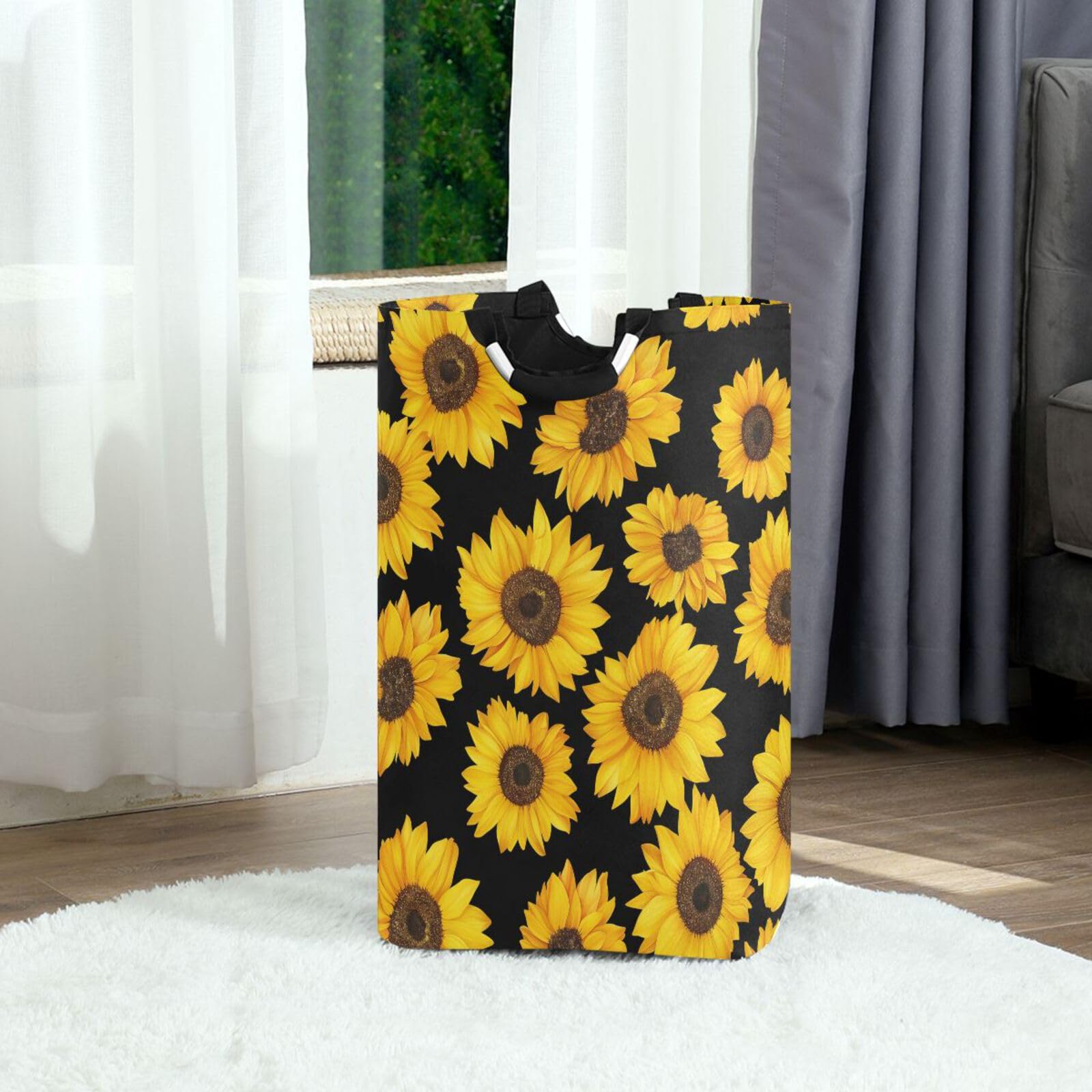 Jihqo Laundry Hamper Basket Sunflower Black Collapsible Nursery Storage Bin Waterproof Clothing Baskets for Home Bedroom Bathroom Washing Room