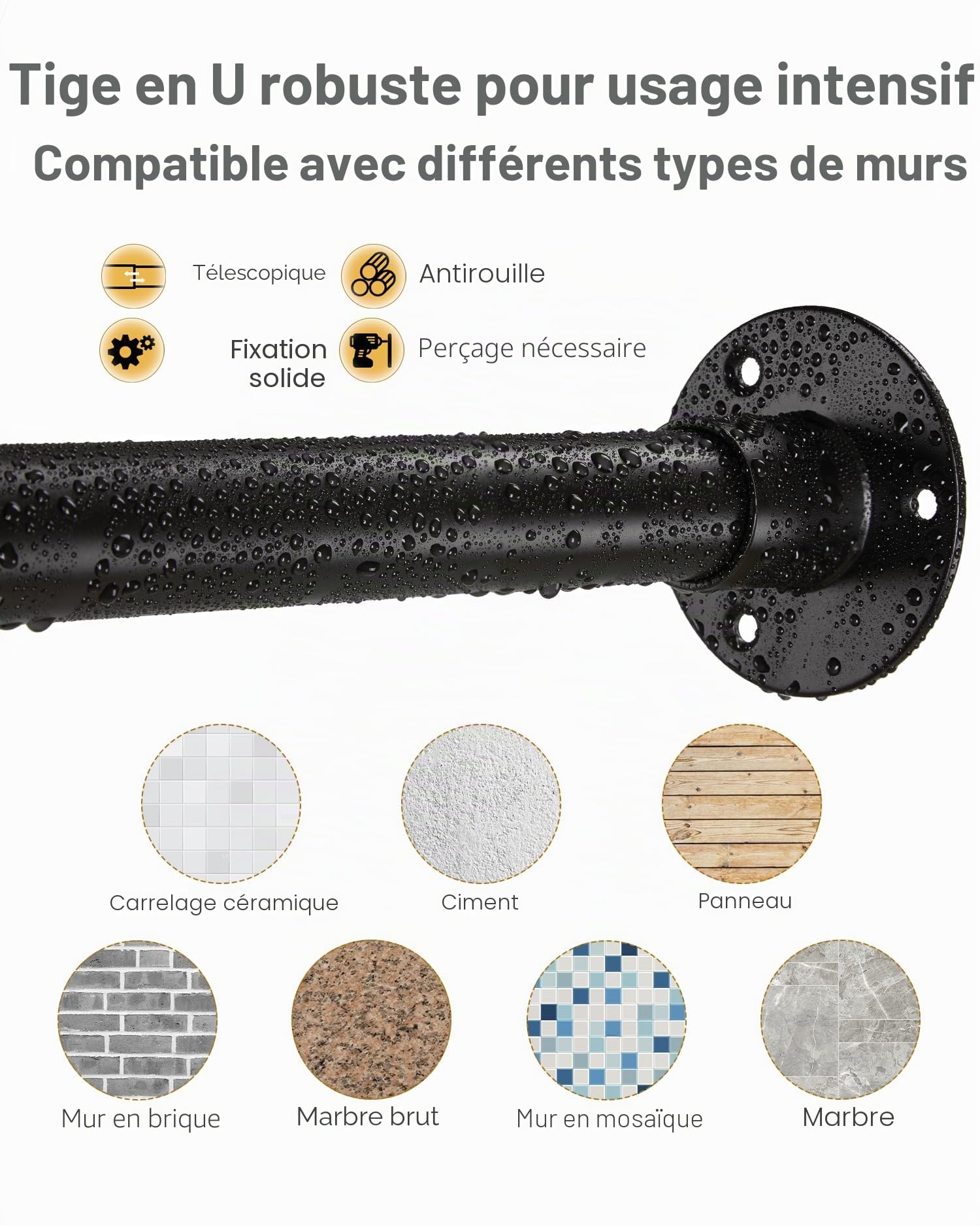 Porte-Rideau de Douche en U Réglable [Côtés : 60-132 cm, Milieu : 76-117 cm] - Barre de Douche Extérieure Anti-Affaissement avec 12 Crochets et Support Plafond