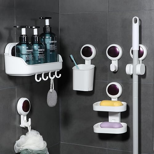 Juego de 6 unidades de ventosa para ducha, estante de ducha, taza para cepillo de dientes, jabonera, ganchos de succión, instalación en un segundo,